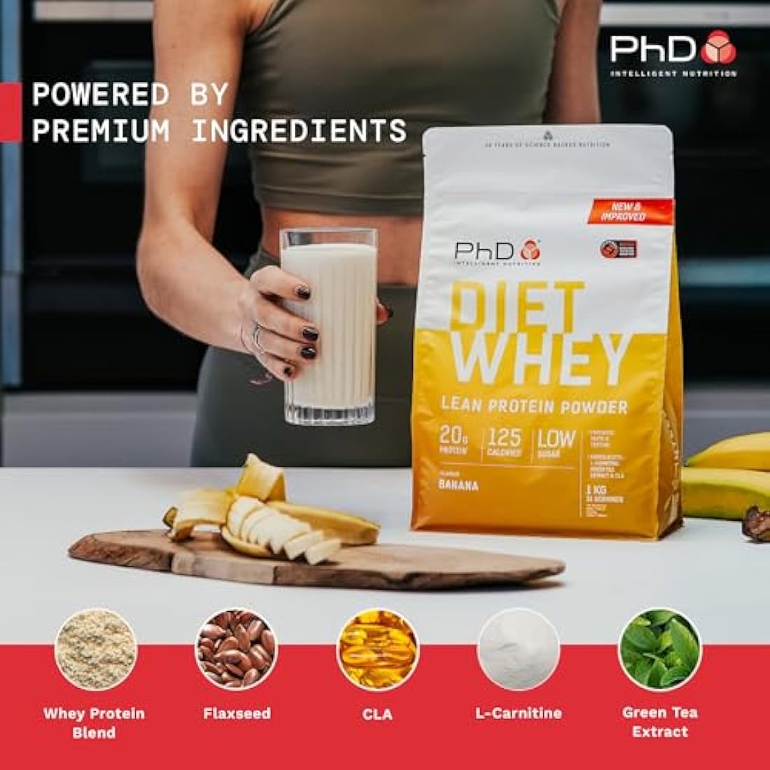 PhD Nutrition Diet Whey Lean Protein Powder | Banana Whey Protein Powder | 1kg Bag Packaging May Vary