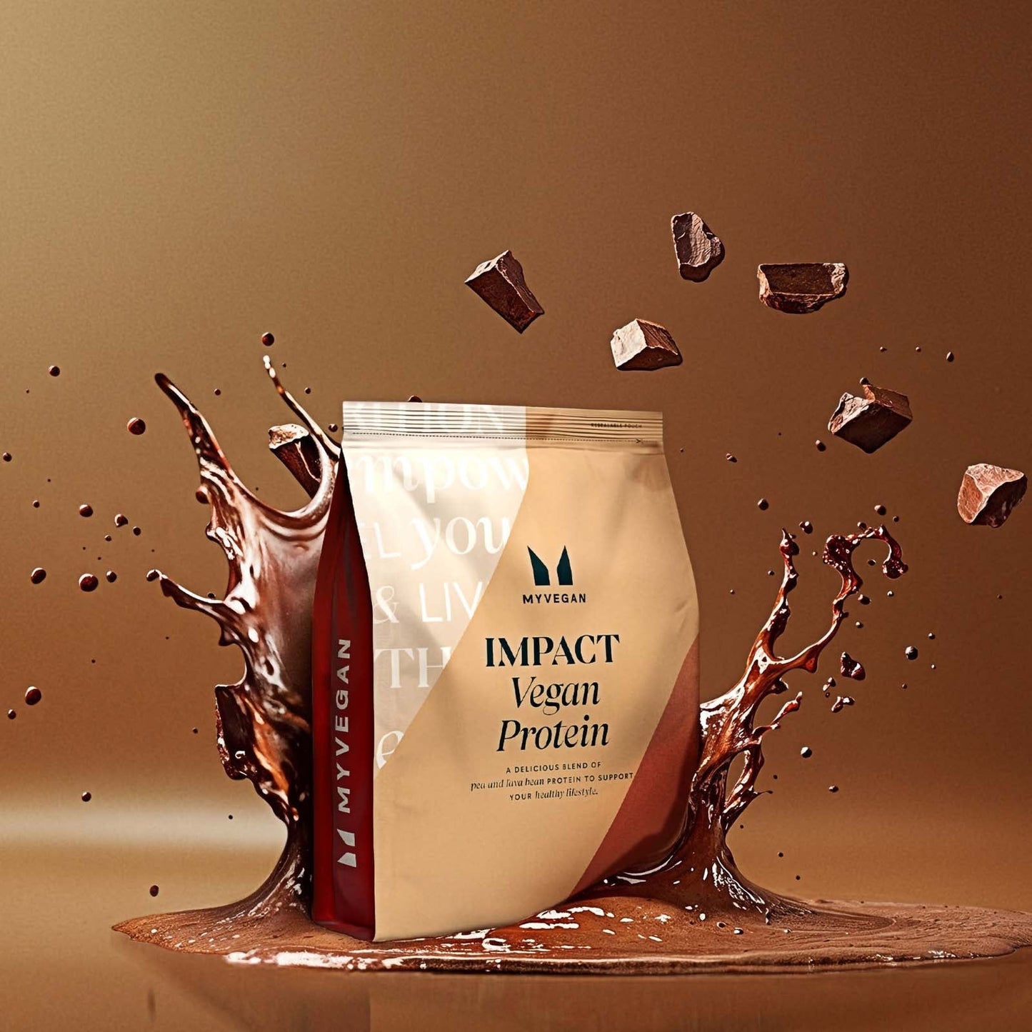 Impact Vegan Protein - 1kg - Chocolate, front view splash , high protein, vegan, plant based, gluten free