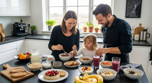 fiber rich breakfast foods, healthy breakfast table, family preparing breakfast