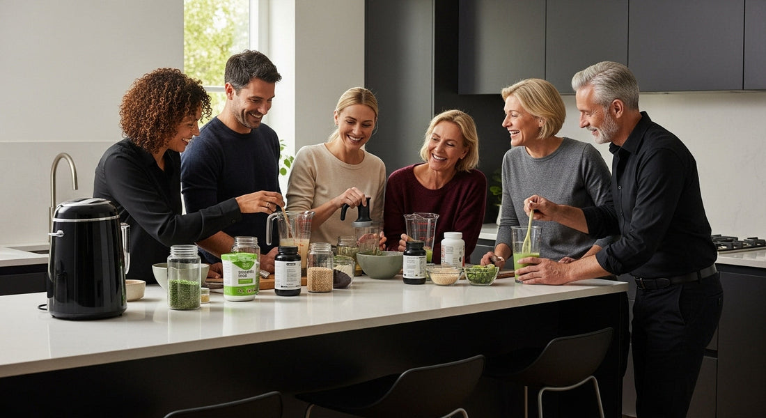 plant based protein supplement, healthy kitchen, people preparing smoothie