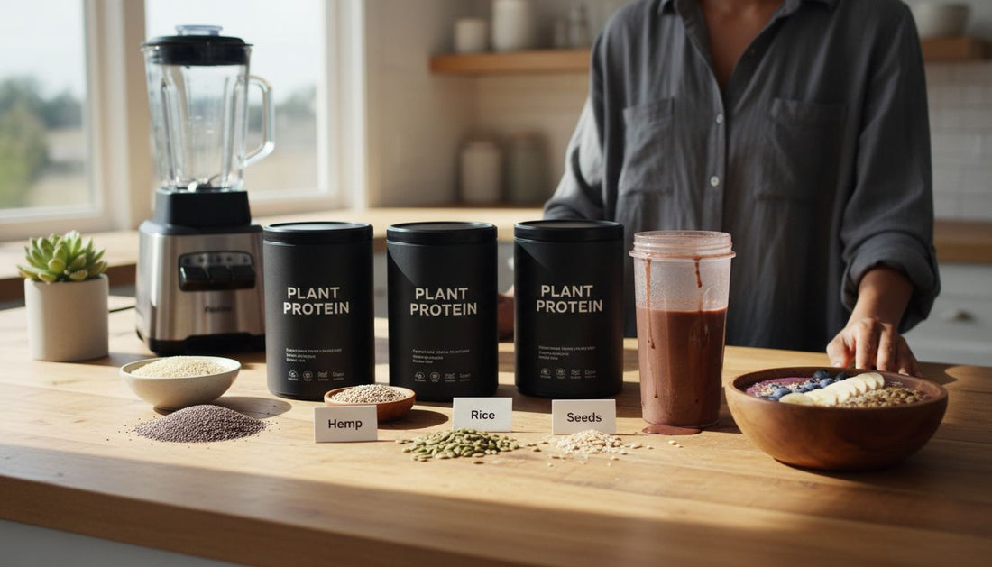 Vegan protein powder with various plant ingredients in kitchen