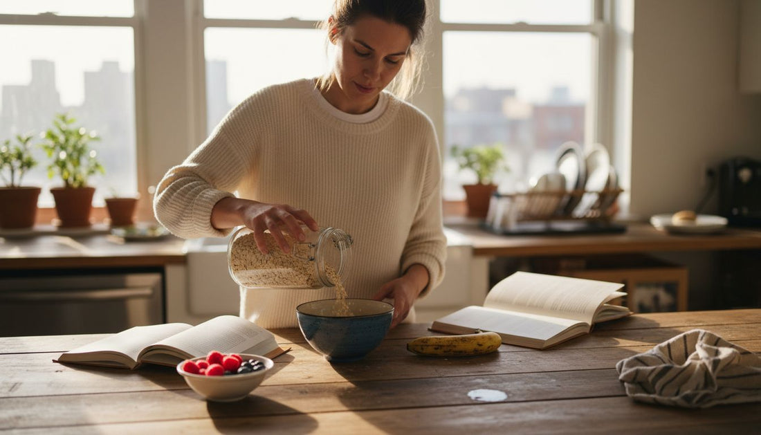 Woman making porridge in sunlit kitchen