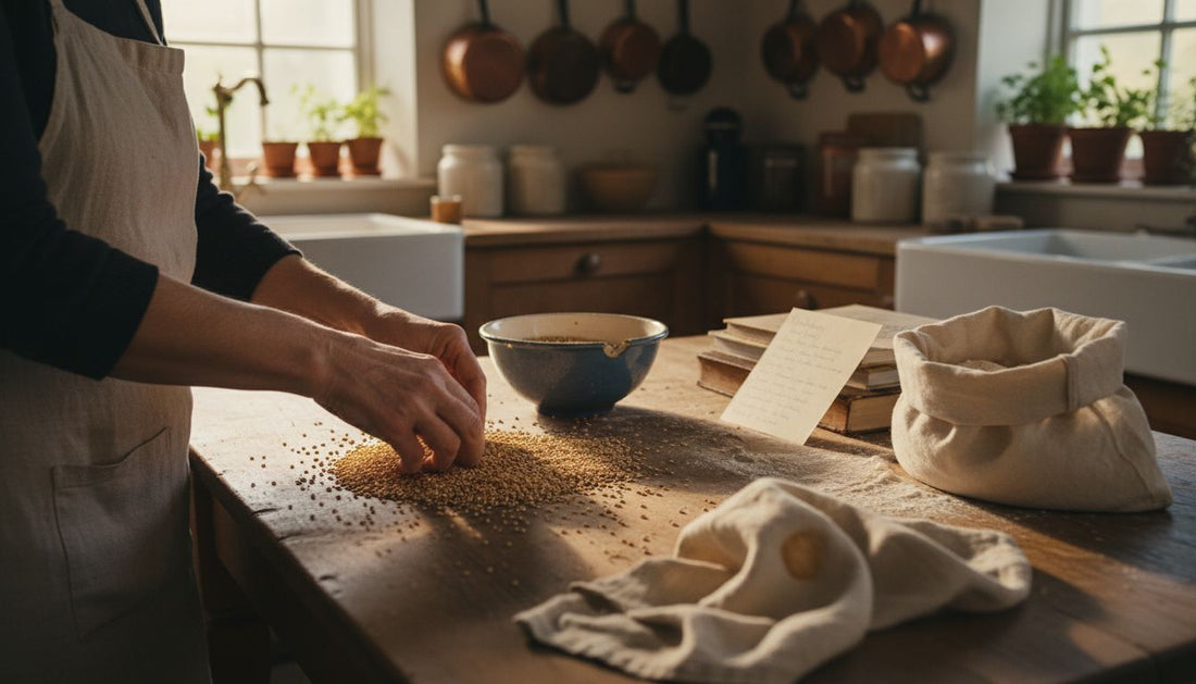 Sorting ancient grains on kitchen table