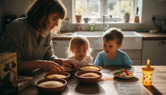 Family arranging ancient grains on sunny kitchen table