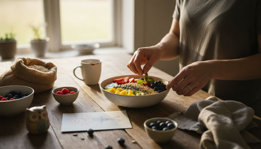 Woman preparing vibrant breakfast bowl in kitchen
