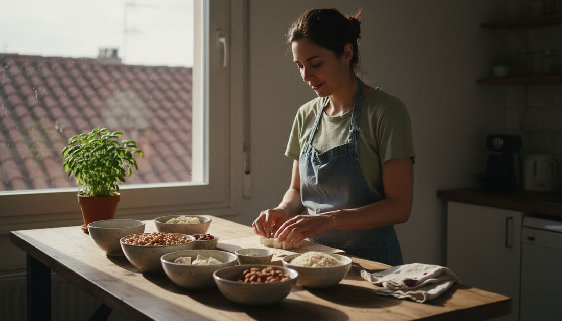 Chef preparing assorted plant protein foods