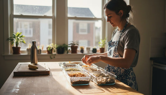 Woman prepping vegan protein foods in kitchen