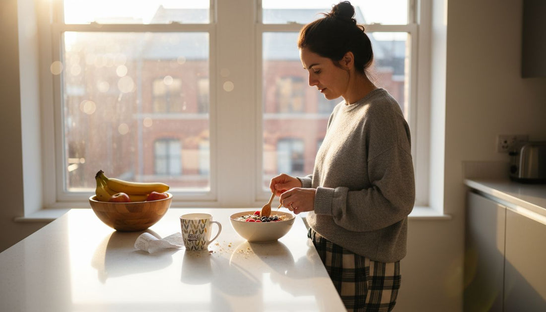 Woman making healthy breakfast in bright kitchen