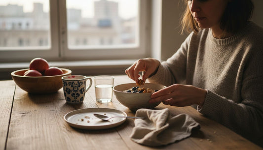 Woman making healthy power breakfast bowl
