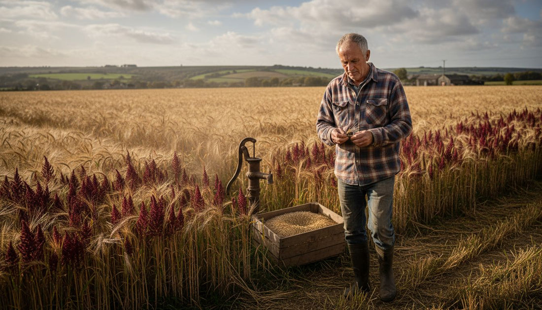 Farmer walking through ancient grain field