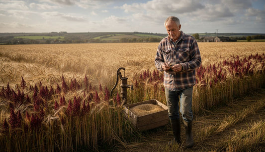 Farmer walking through ancient grain field
