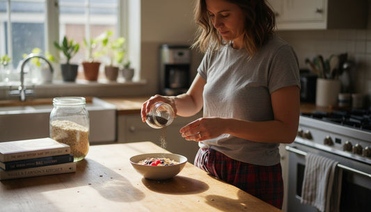 Woman making protein-packed porridge in sunny kitchen