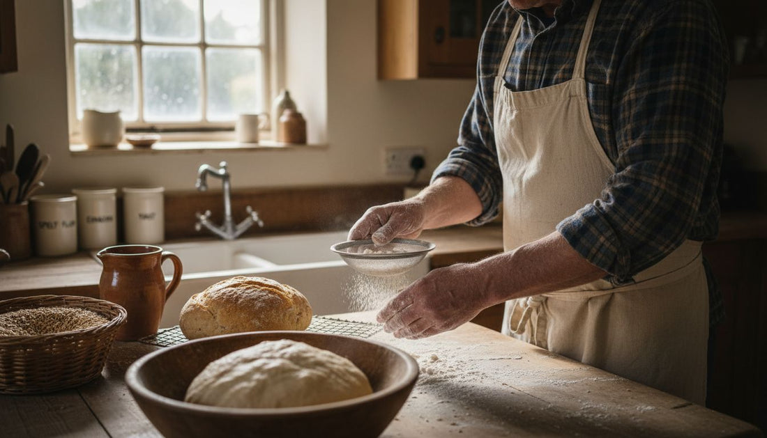 Baker preparing bread with ancient flours