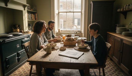 Family eating ancient grains at breakfast table