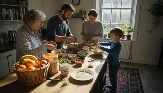 Family preparing protein-rich breakfast together