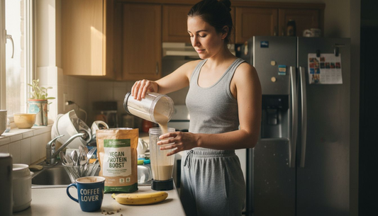 Woman making vegan protein shake at kitchen counter