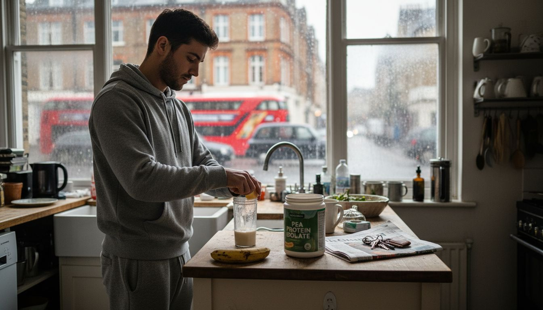 Man making vegan protein shake in kitchen