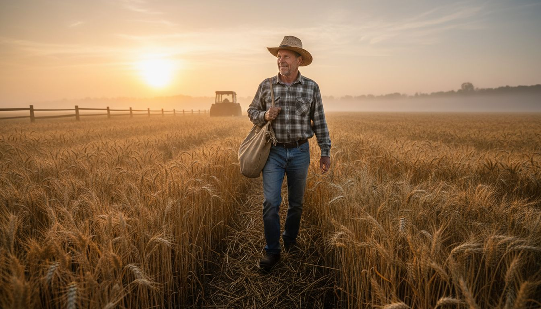 Farmer walking through einkorn wheat field