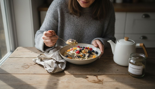 Woman enjoying porridge with various healthy toppings
