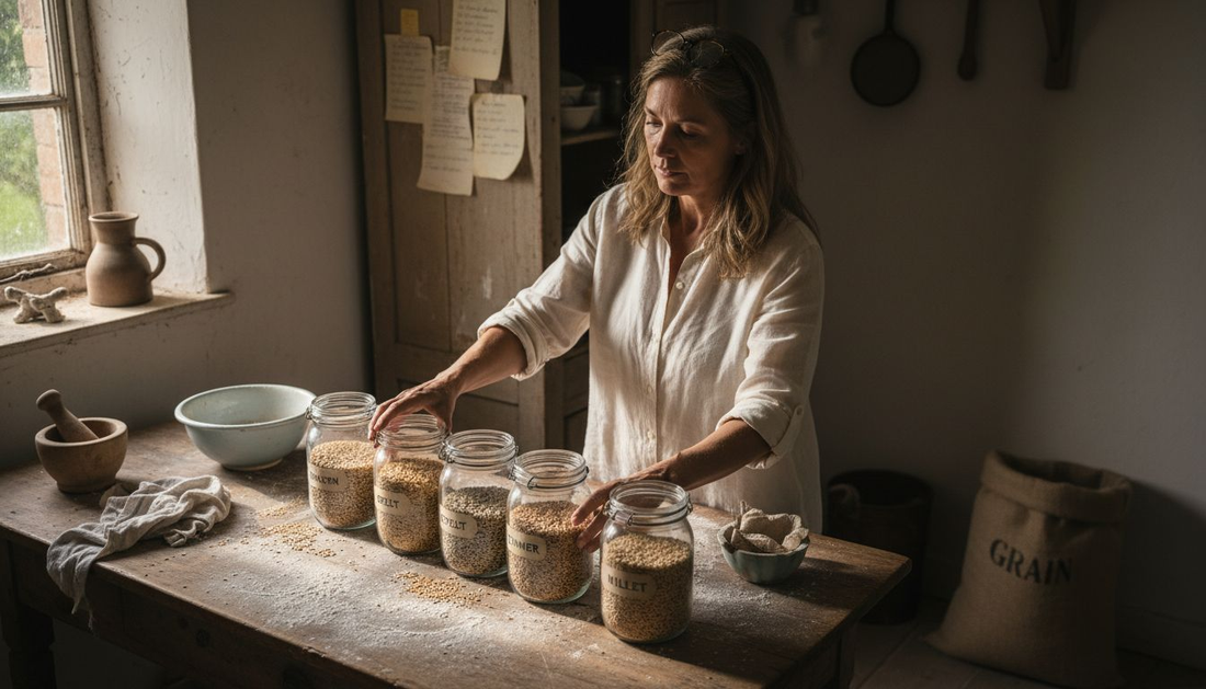 Nutritionist arranging ancient grain samples on table