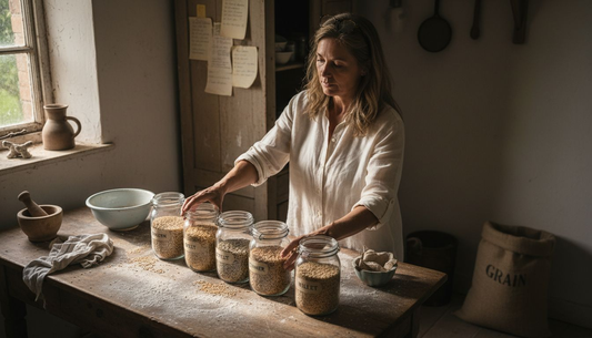 Nutritionist arranging ancient grain samples on table