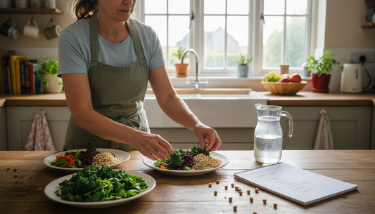 Woman prepares plant-based meal at kitchen table