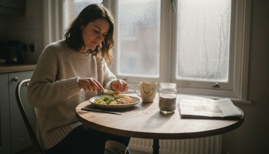 Woman preparing high-protein breakfast at table