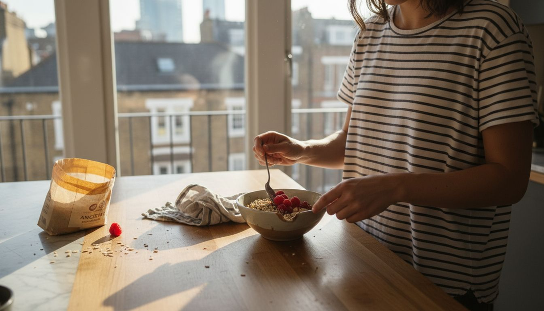 Preparing ancient grain breakfast bowl in kitchen
