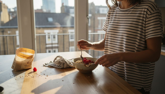 Preparing ancient grain breakfast bowl in kitchen