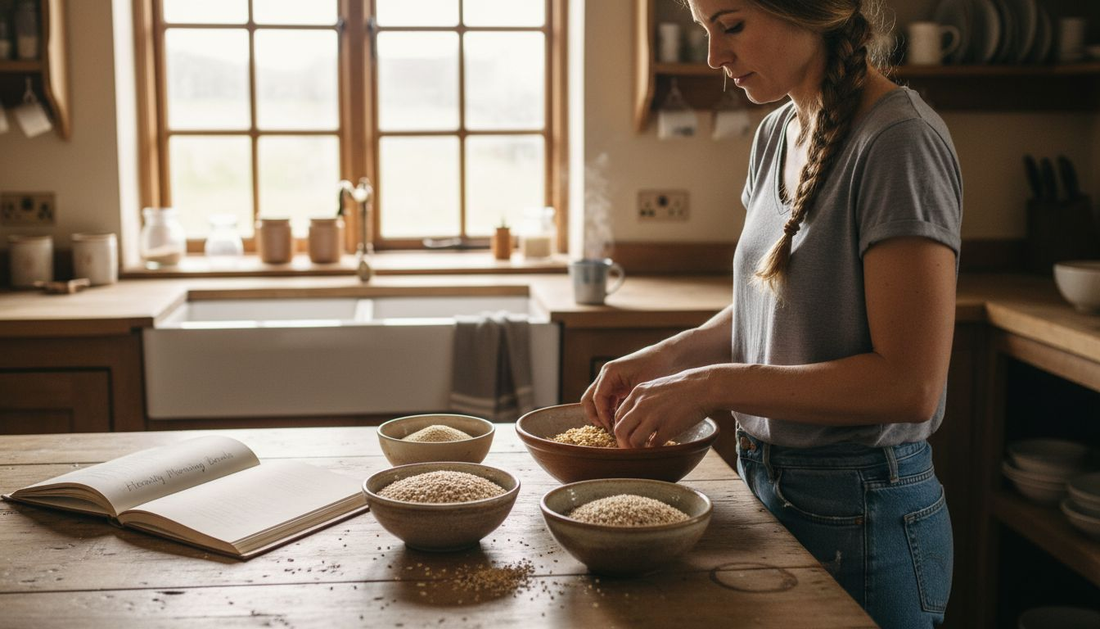 Woman preparing ancient grains breakfast in kitchen