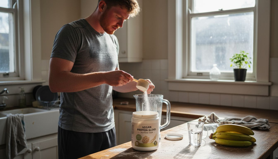 Athlete preparing plant protein shake in kitchen