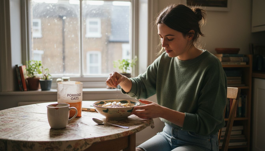 Woman preparing vegan breakfast by window