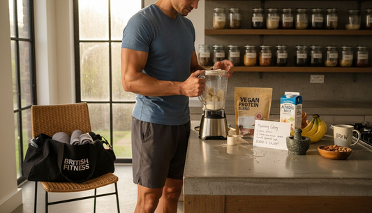 Young athlete making post-workout plant protein smoothie