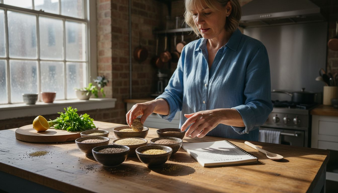 Woman preparing ancient grains in bright urban kitchen