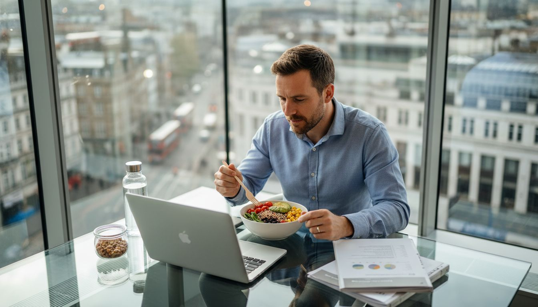 Professional eating vegetarian lunch at office desk