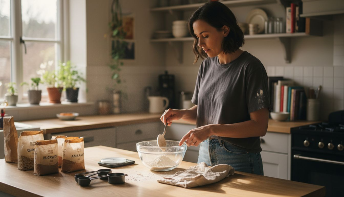 Woman preparing ancient grain gluten free flours