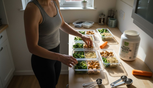 Woman preparing vegan fitness meals in kitchen