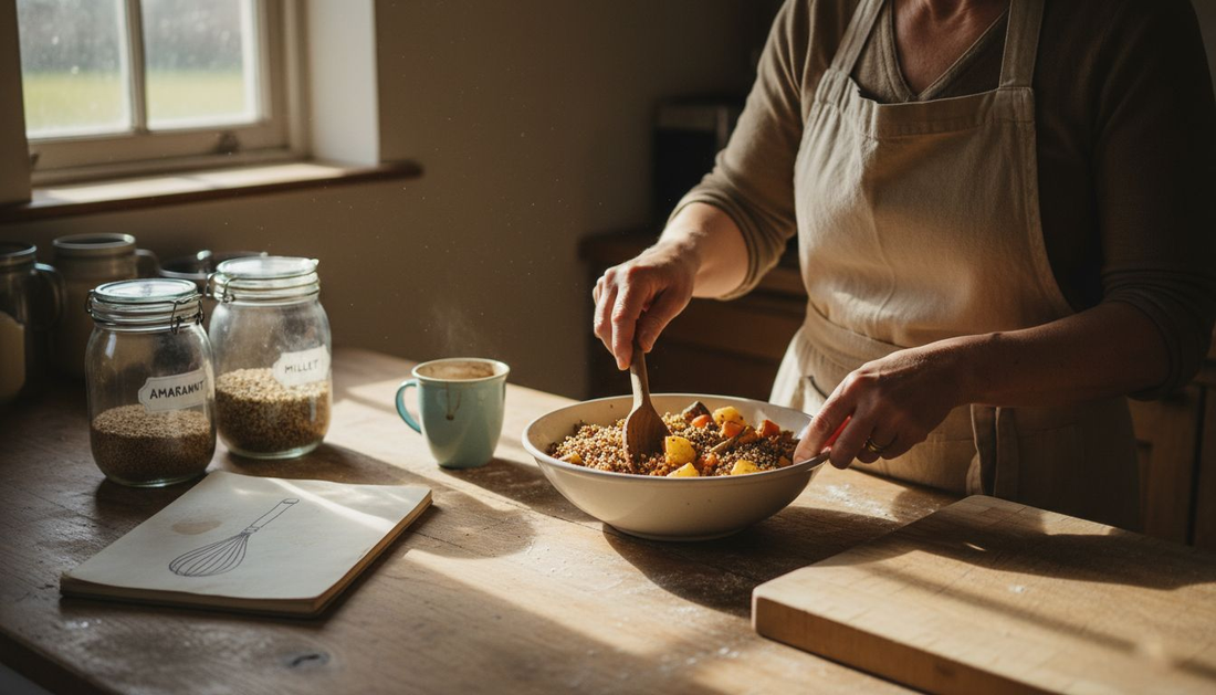 Cook preparing ancient grains protein bowl