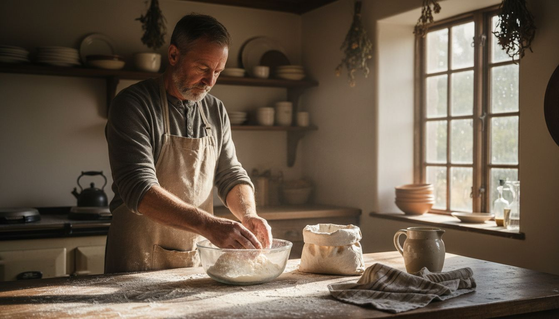 Baker working with einkorn flour in kitchen