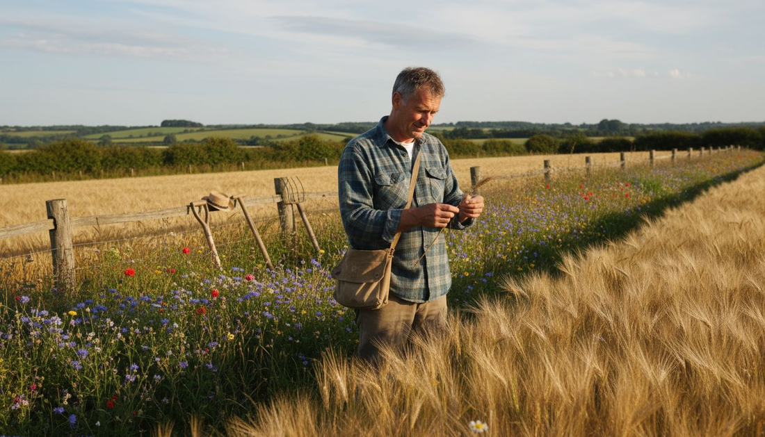 Farmer holding einkorn wheat in field