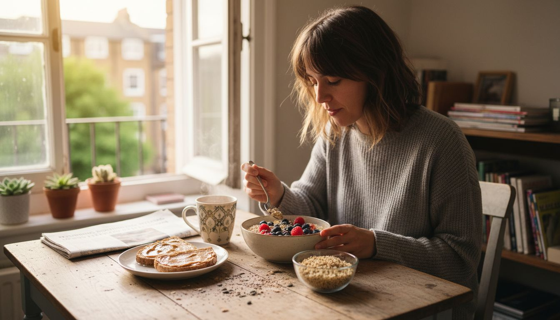 Woman enjoying fibre-rich breakfast at kitchen table