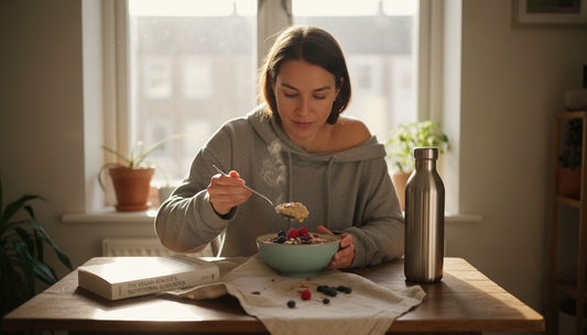 Woman eating high protein vegan oatmeal in sunlit kitchen