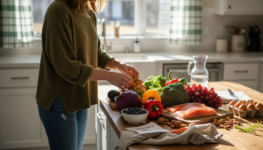 Nutritionist arranging nutrient-dense foods in kitchen