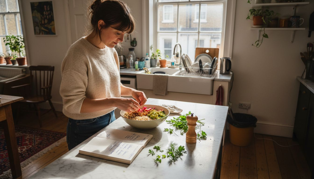 Woman preparing plant-based grain bowl in kitchen