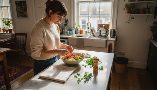 Woman preparing plant-based grain bowl in kitchen