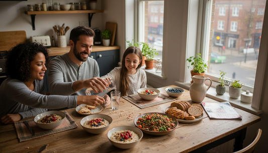 Family enjoying protein and fibre breakfast