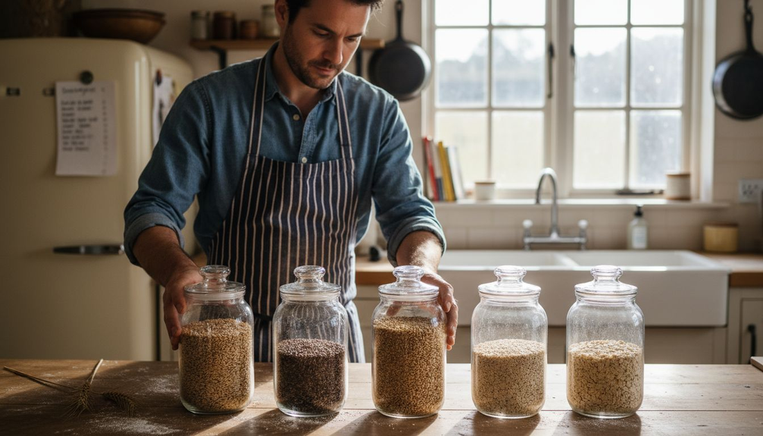 Chef sorting jars of common gluten grains