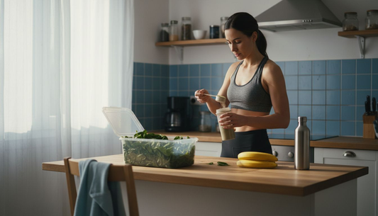 Athletic woman making plant protein shake