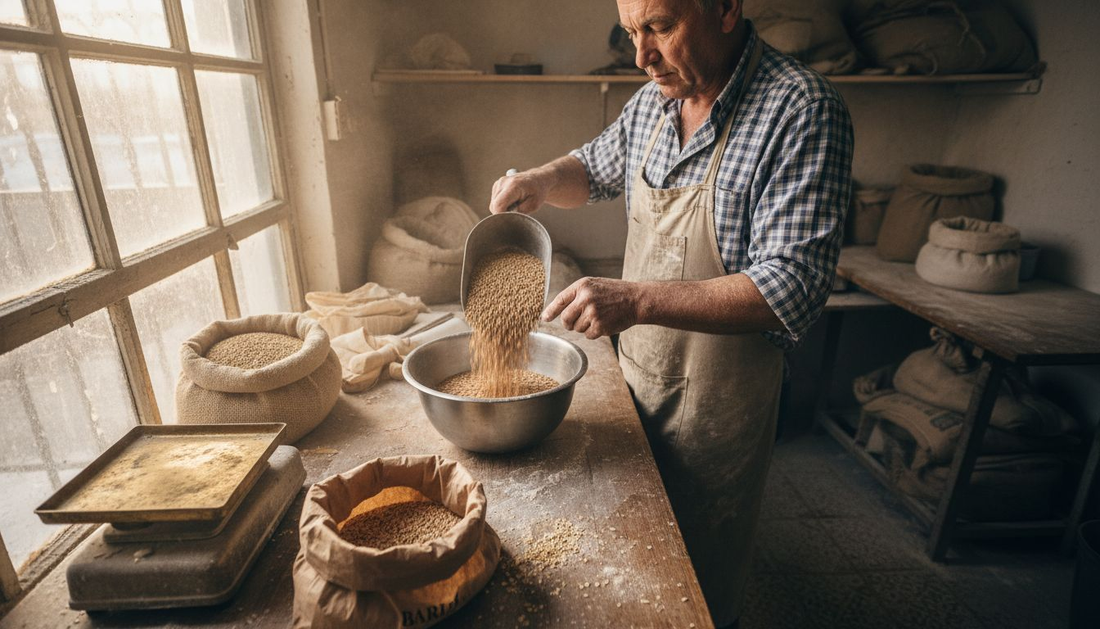 Baker scooping wheat grains at rustic table