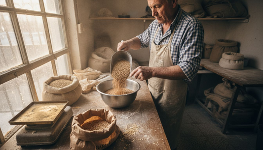 Baker scooping wheat grains at rustic table